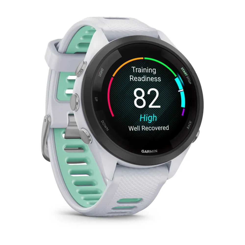 Garmin Forerunner 265S smartwatch displaying training readiness score of 82, with a high recovery status, featuring a white and mint green strap.