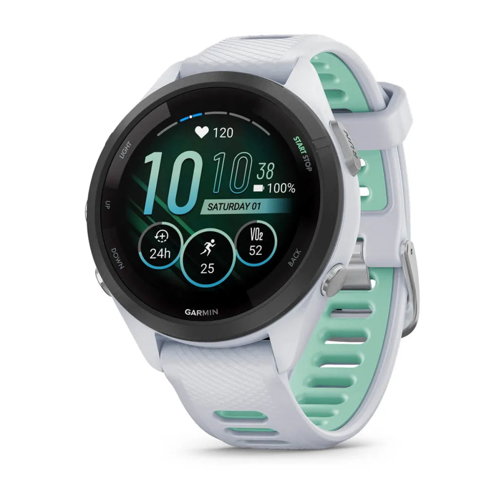 Garmin Forerunner 265S sports watch displaying heart rate, time, and various fitness metrics on a colorful screen with a light blue and mint green strap.