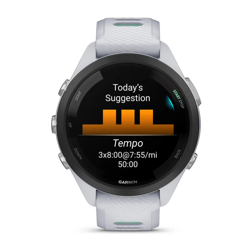 Garmin Forerunner 265S smartwatch displaying a workout suggestion for a tempo run with time and pace details.
