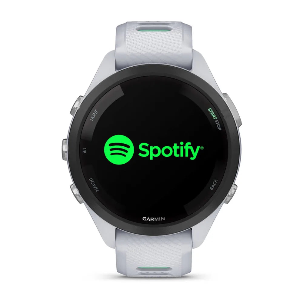 Garmin Forerunner 265S smartwatch displaying the Spotify logo on its screen.