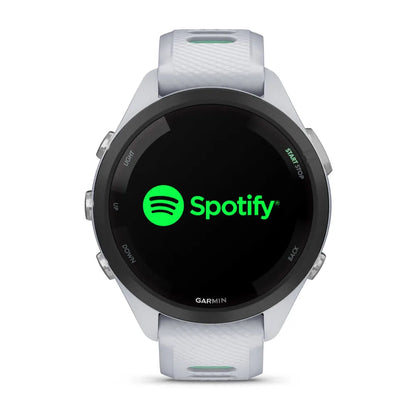 Garmin Forerunner 265S smartwatch displaying the Spotify logo on its screen.