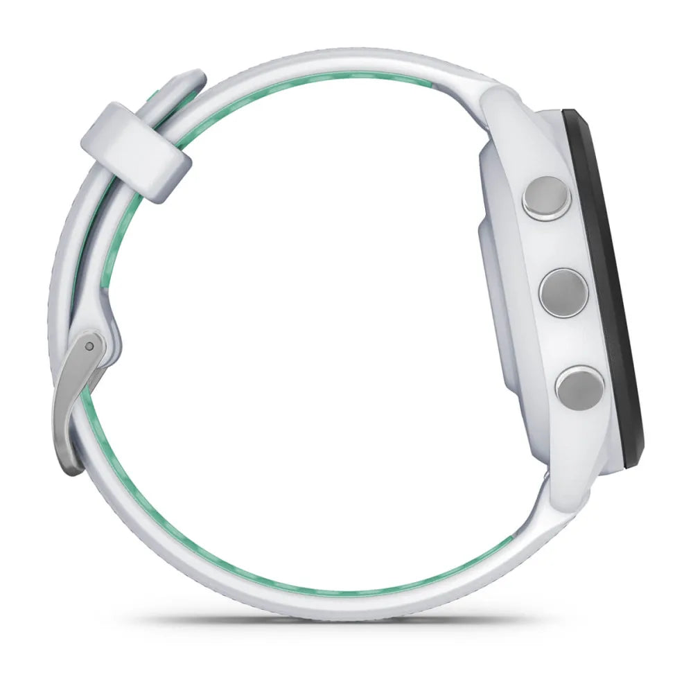 Side view of the Garmin Forerunner 265S smartwatch, featuring a sleek design and three buttons on the side.