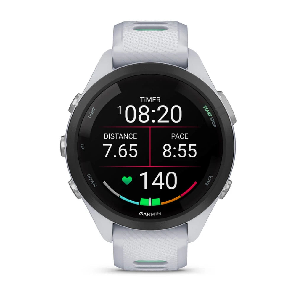 Garmin Forerunner 265S smartwatch displaying timer, distance of 7.65 miles, pace of 8:55 minutes per mile, and heart rate of 140 bpm.