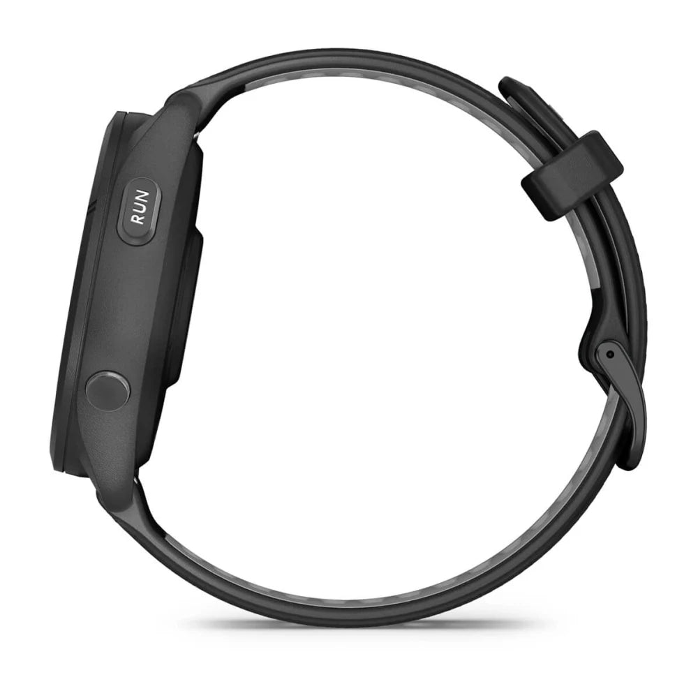 Side view of the Garmin Forerunner 265 smartwatch, showcasing its sleek design and buttons.