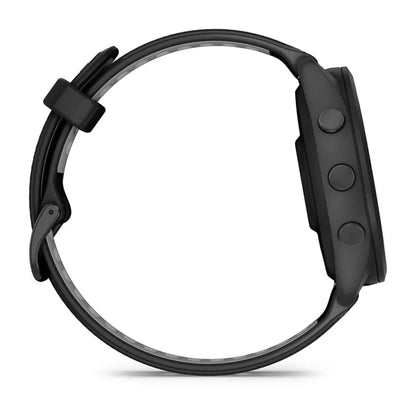 Side view of a Garmin Forerunner 265 smartwatch showcasing its sleek design and buttons.