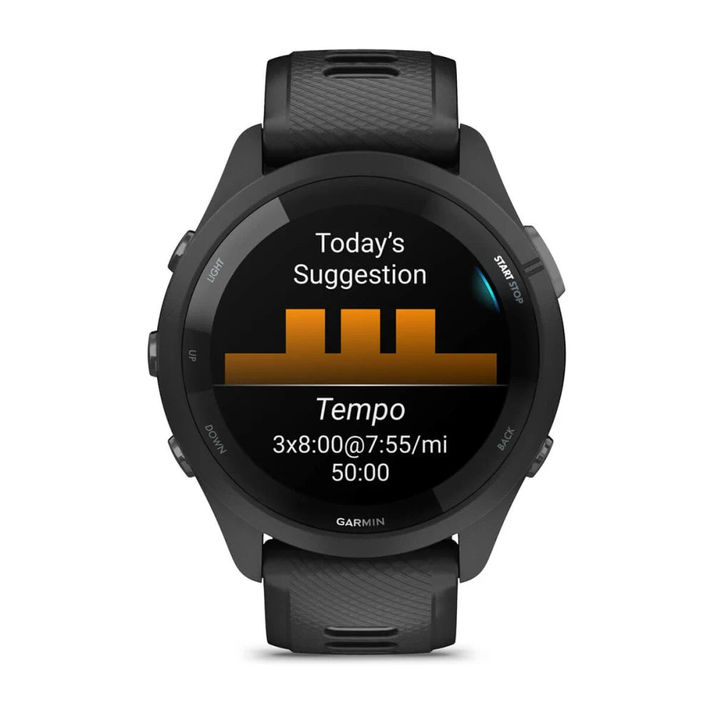 Garmin Forerunner 265 smartwatch displaying a workout suggestion for a tempo run with detailed pacing information.