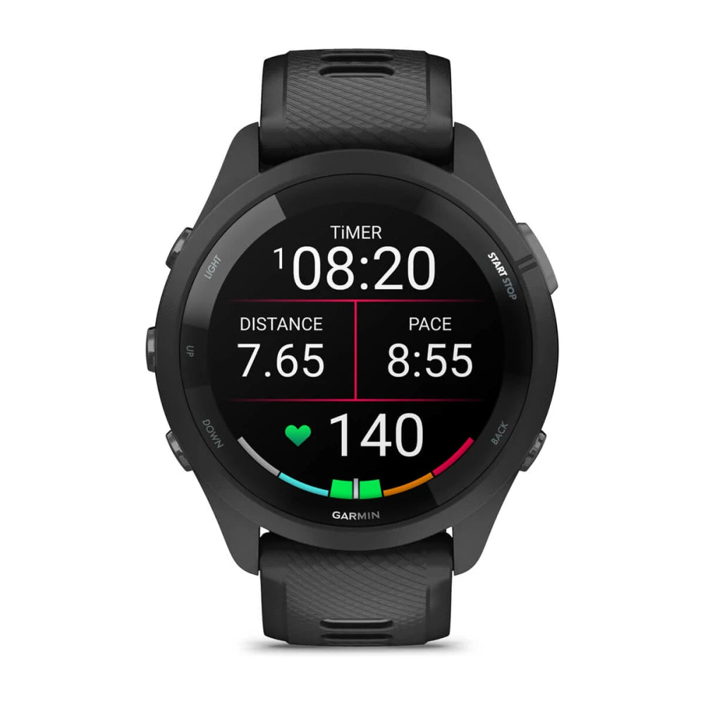 Garmin Forerunner 265 smartwatch displaying timer, distance of 7.65 miles, pace of 8:55 per mile, and heart rate of 140 bpm.