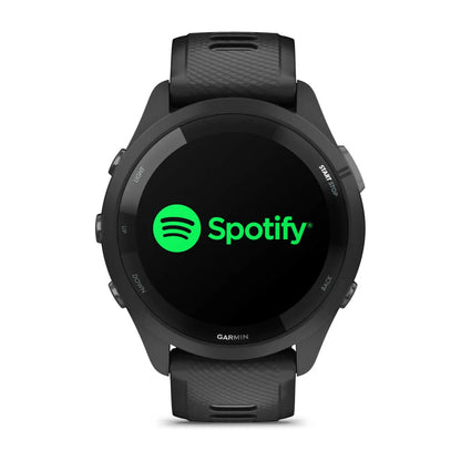 Garmin Forerunner 265 smartwatch displaying the Spotify logo on its screen.