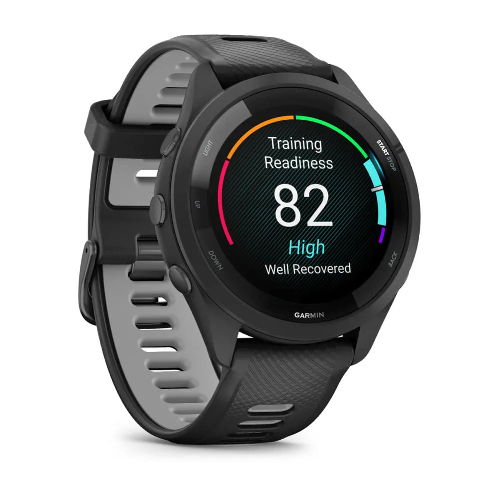 Garmin Forerunner 265 smartwatch displaying training readiness with a score of 82, indicating high recovery status, set against a black and gray strap design.