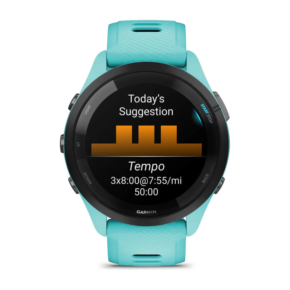 Garmin Forerunner 265 smartwatch displaying today's workout suggestion with a tempo run plan on its screen.