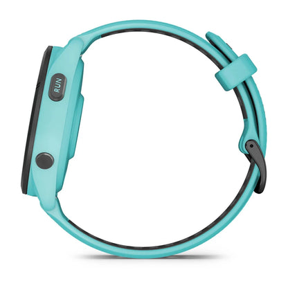 Garmin Forerunner 265 smartwatch in turquoise, shown from the side with buttons visible.