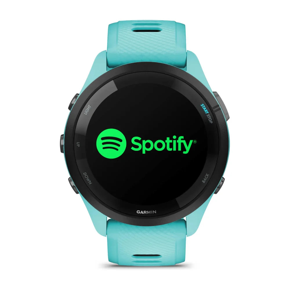 Garmin Forerunner 265 smartwatch displaying the Spotify logo on its screen.