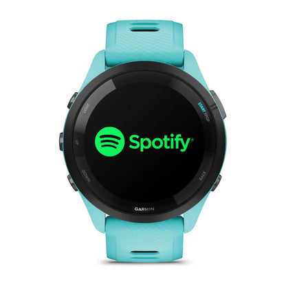 Garmin Forerunner 265 smartwatch displaying the Spotify logo on its screen.