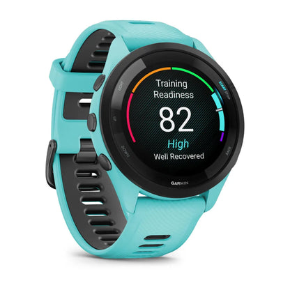 Garmin Forerunner 265 smartwatch displaying training readiness score of 82, with a turquoise and black strap.
