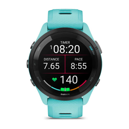 Garmin Forerunner 265 smartwatch displaying timer, distance of 7.65 miles, pace of 8:55 per mile, and heart rate of 140 beats per minute.