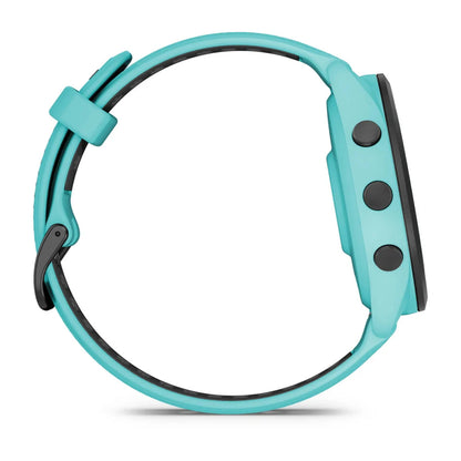 Side view of a turquoise Garmin Forerunner 265 smartwatch, showcasing its sleek design and buttons.