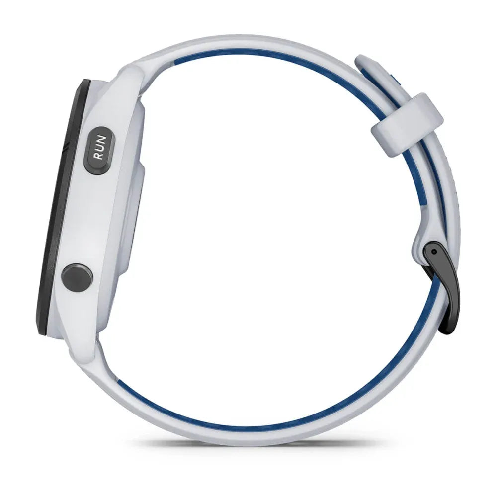Garmin Forerunner 265 Tidal Blue – angled dial shot with stats displayed