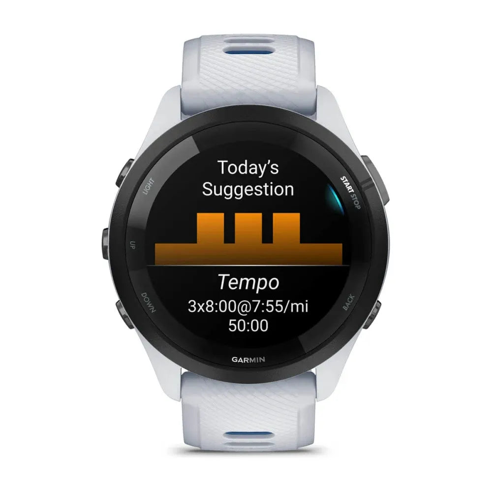 Garmin Forerunner 265 Tidal Blue – angled dial shot