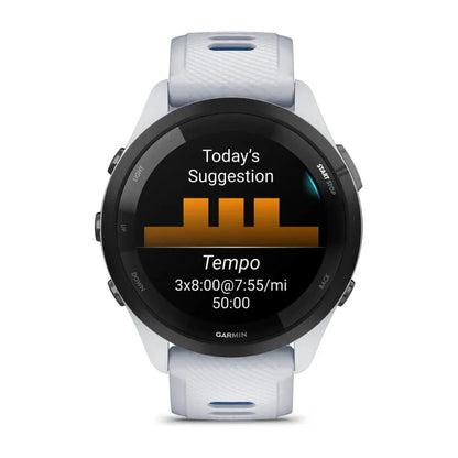 Garmin Forerunner 265 Tidal Blue – angled dial shot