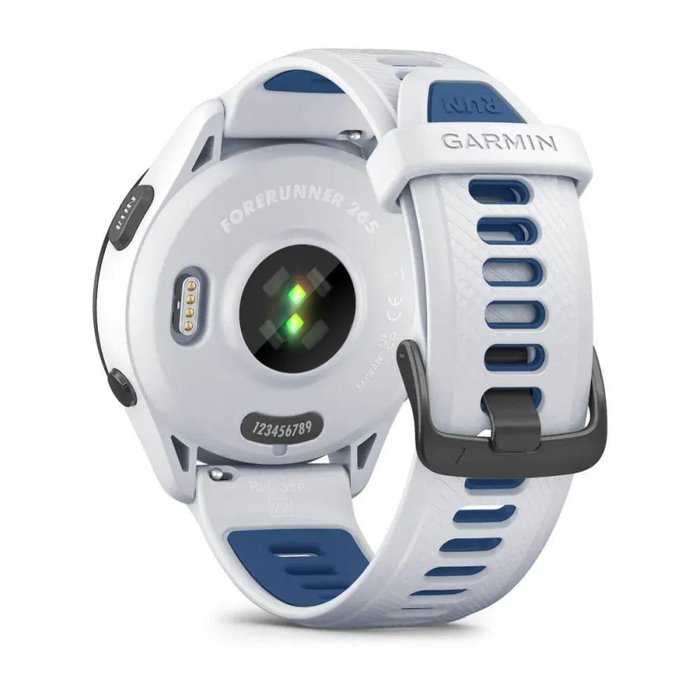 Garmin Forerunner 265 Tidal Blue – straight-on dial with AMOLED stats