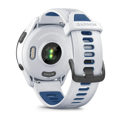 Garmin Forerunner 265 Tidal Blue – straight-on dial with AMOLED stats