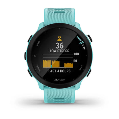 Garmin Forerunner 55 smartwatch displaying a low stress level of 36 and a graph of stress levels over the last 4 hours.