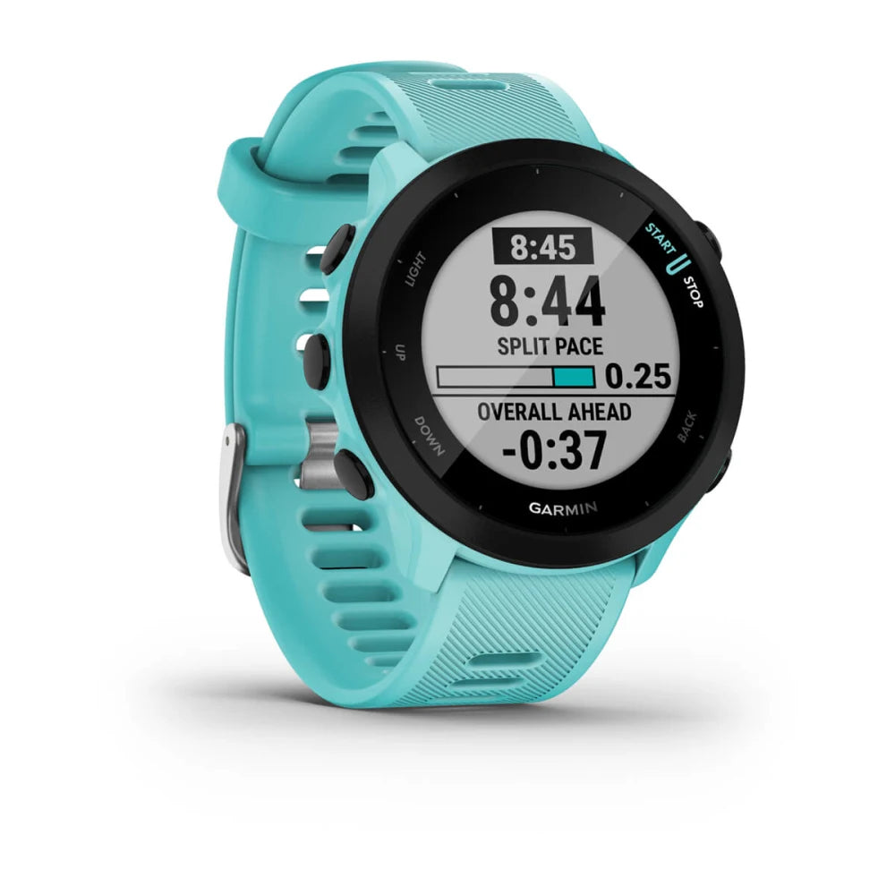 Garmin Forerunner 55 smartwatch displaying split pace and overall ahead metrics, featuring a turquoise strap.