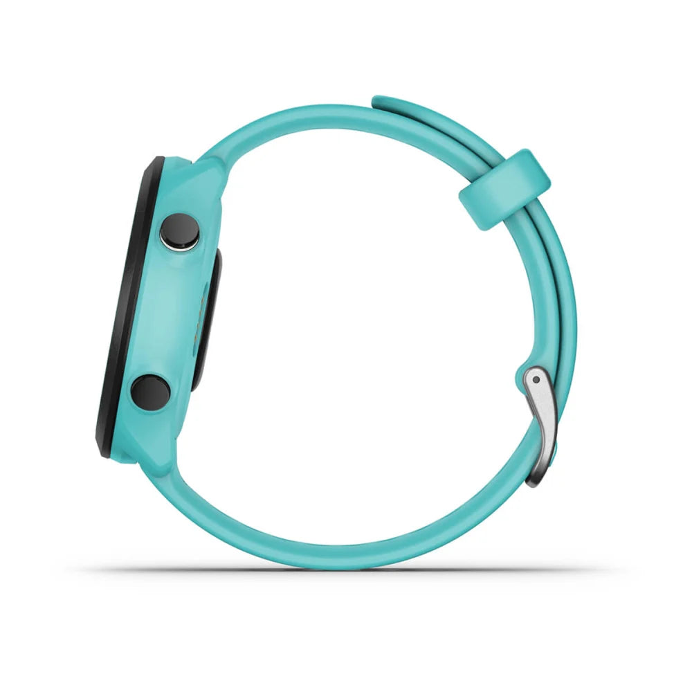 Side view of a Garmin Forerunner 55 smartwatch with a turquoise strap and black face.