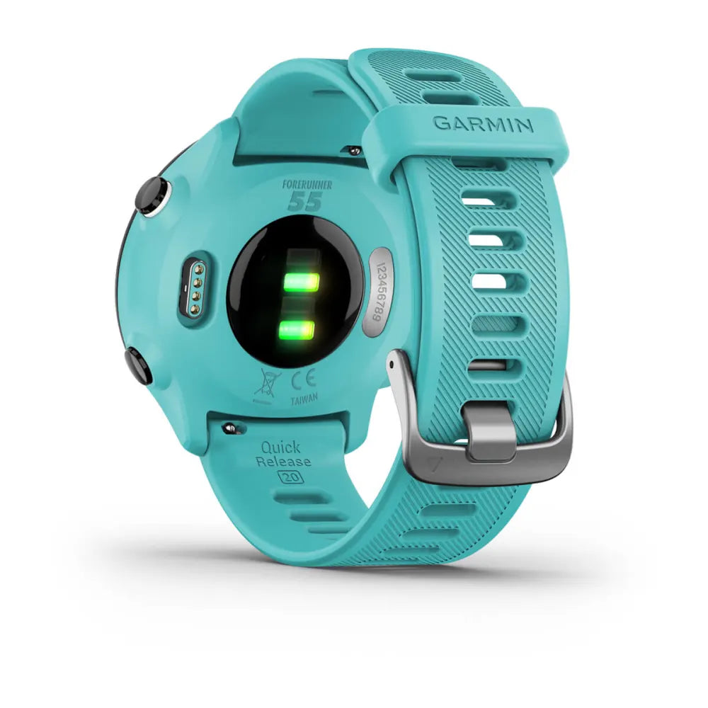 Garmin Forerunner 55 smartwatch in turquoise color, showing the back with heart rate sensors and quick release strap.