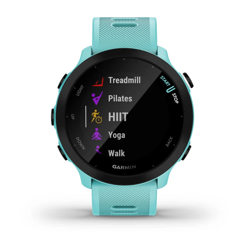 Garmin Forerunner 55 smartwatch displaying various workout options including Treadmill, Pilates, HIIT, Yoga, and Walk on its screen.