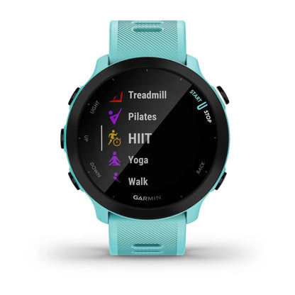 Garmin Forerunner 55 smartwatch displaying various workout options including Treadmill, Pilates, HIIT, Yoga, and Walk on its screen.