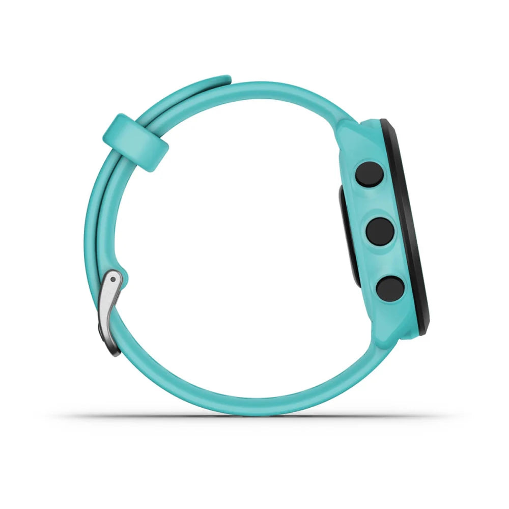 Garmin Forerunner 55 smartwatch in turquoise color, shown from the side with three buttons visible.