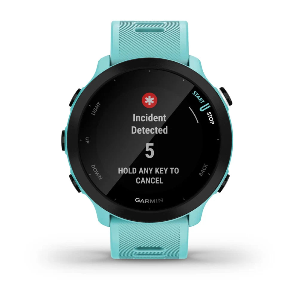 Garmin Forerunner 55 smartwatch displaying an incident detection alert with a black screen and turquoise strap.