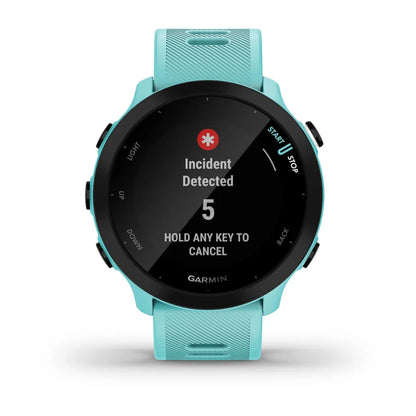 Garmin Forerunner 55 smartwatch displaying an incident detection alert with a black screen and turquoise strap.