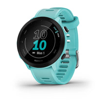 Garmin Forerunner 55 smartwatch with a turquoise strap displaying the time and date.