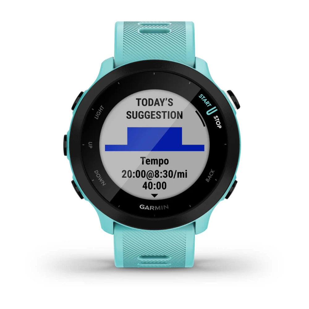 Garmin Forerunner 55 sports watch displaying a workout suggestion with a tempo of 20:00 at 8:30 per mile for 40 minutes.