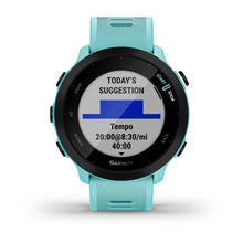 Garmin Forerunner 55 sports watch displaying a workout suggestion with a tempo of 20:00 at 8:30 per mile for 40 minutes.