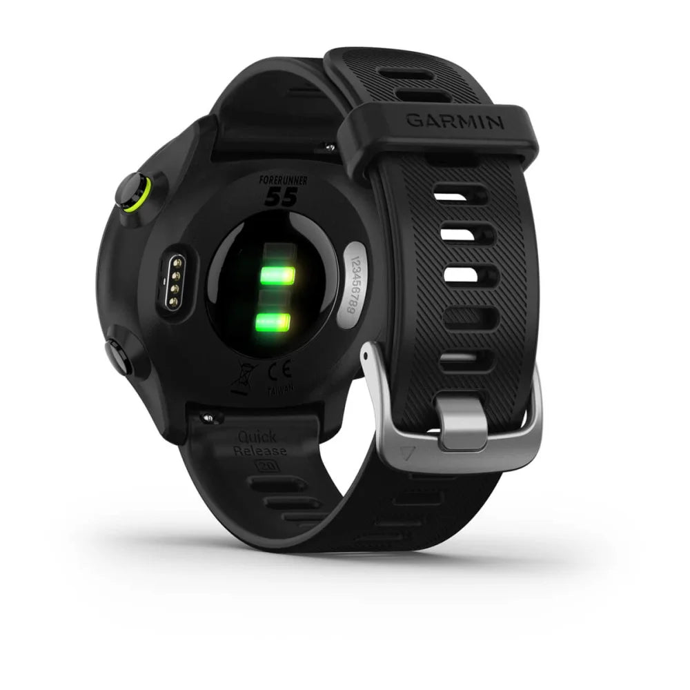 Back view of the Garmin Forerunner 55 smartwatch showing heart rate sensors and a black strap.