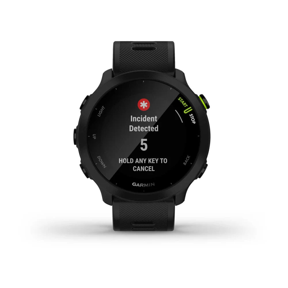 Garmin Forerunner 55 smartwatch displaying an 'Incident Detected' message with options to cancel.
