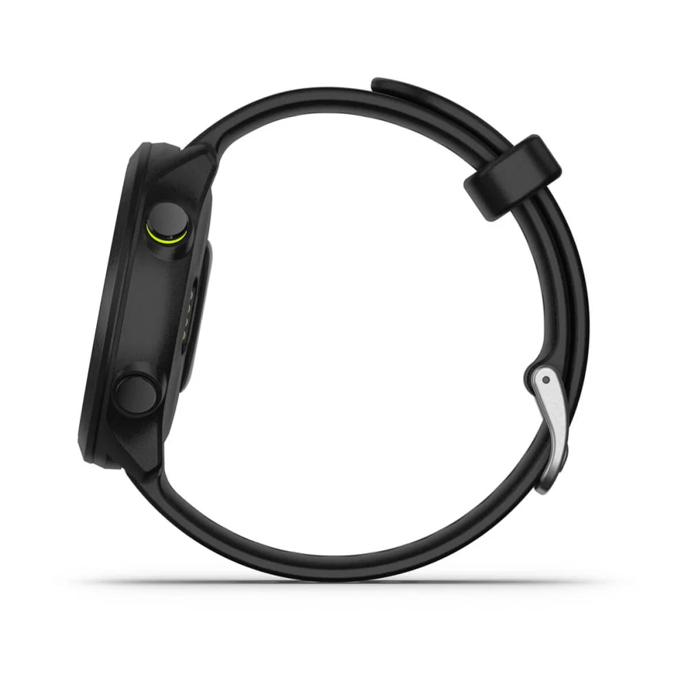 Side view of the Garmin Forerunner 55 smartwatch, featuring a sleek black design and two buttons.