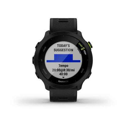 Garmin Forerunner 55 smartwatch displaying workout suggestion with a tempo run goal.
