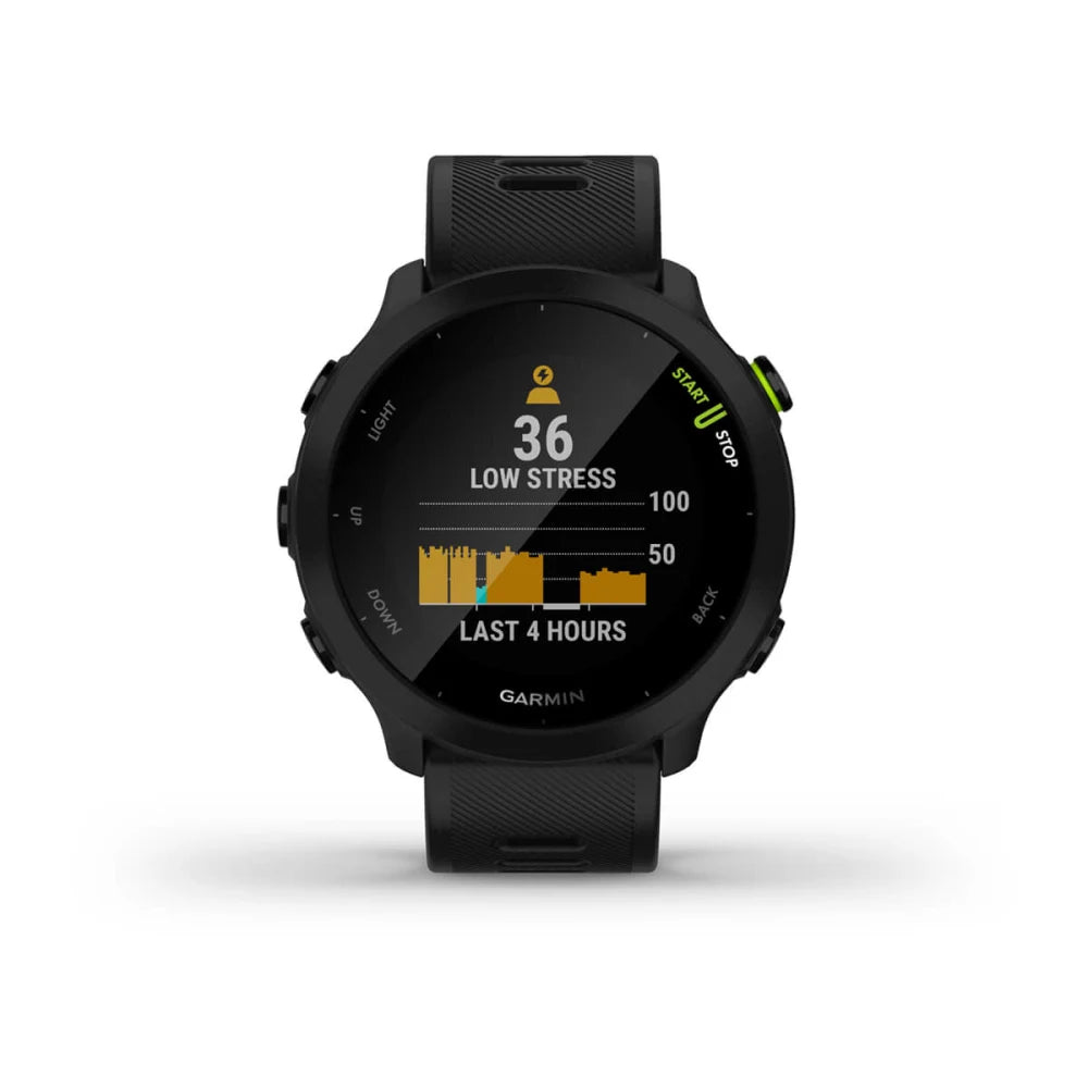 Garmin Forerunner 55 smartwatch displaying a low stress level of 36 and a graph of stress over the last four hours.