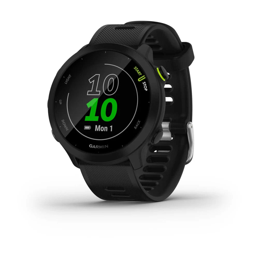 Garmin Forerunner 55 smartwatch displaying the time and date on a black background with green accents.