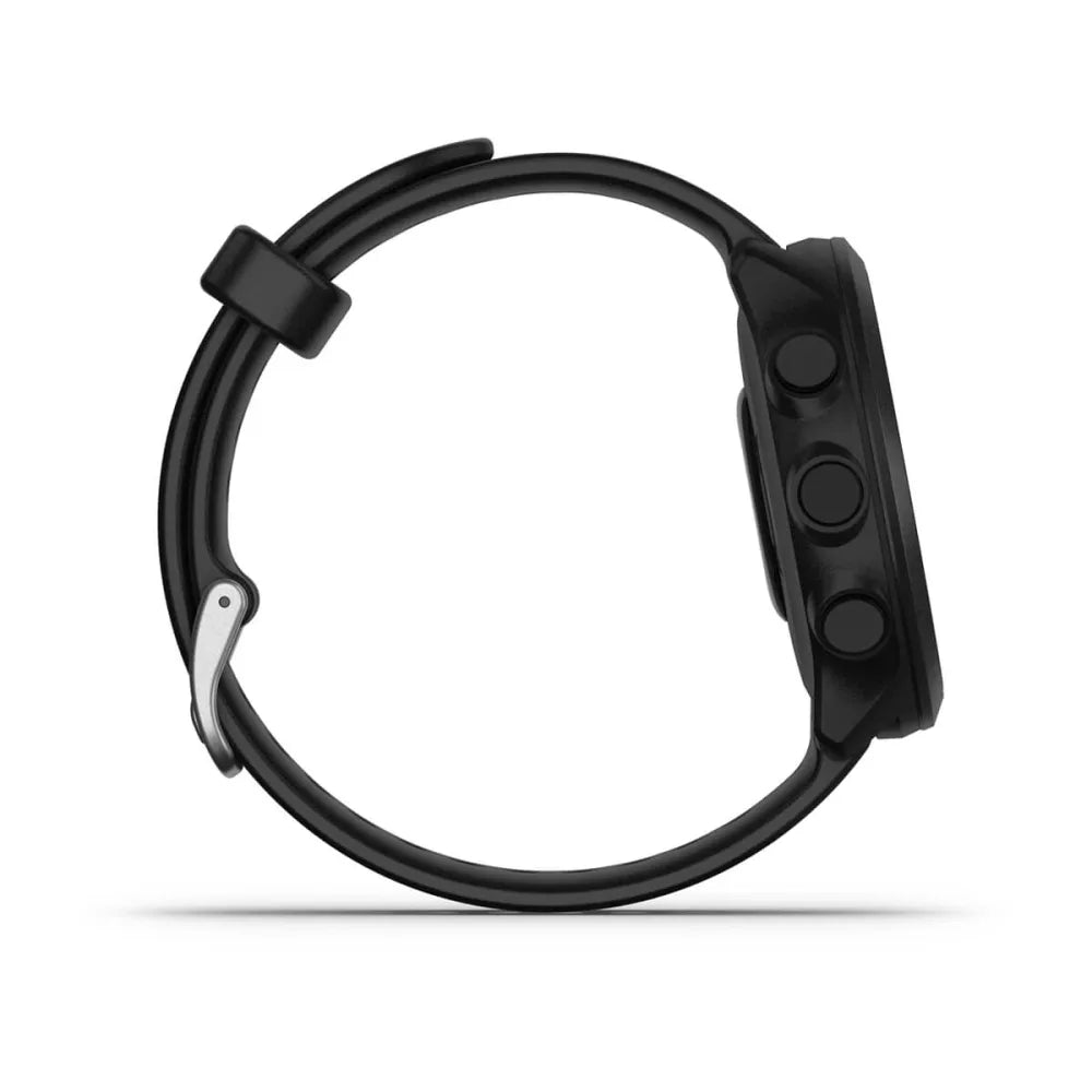 Garmin Forerunner 55 fitness watch shown from the side, featuring a black strap and three buttons on the right side.