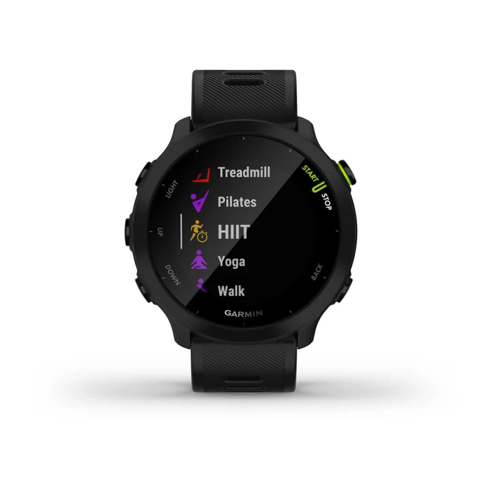 Garmin Forerunner 55 smartwatch displaying various workout options including Treadmill, Pilates, HIIT, Yoga, and Walk.