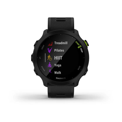 Garmin Forerunner 55 smartwatch displaying various workout options including Treadmill, Pilates, HIIT, Yoga, and Walk.