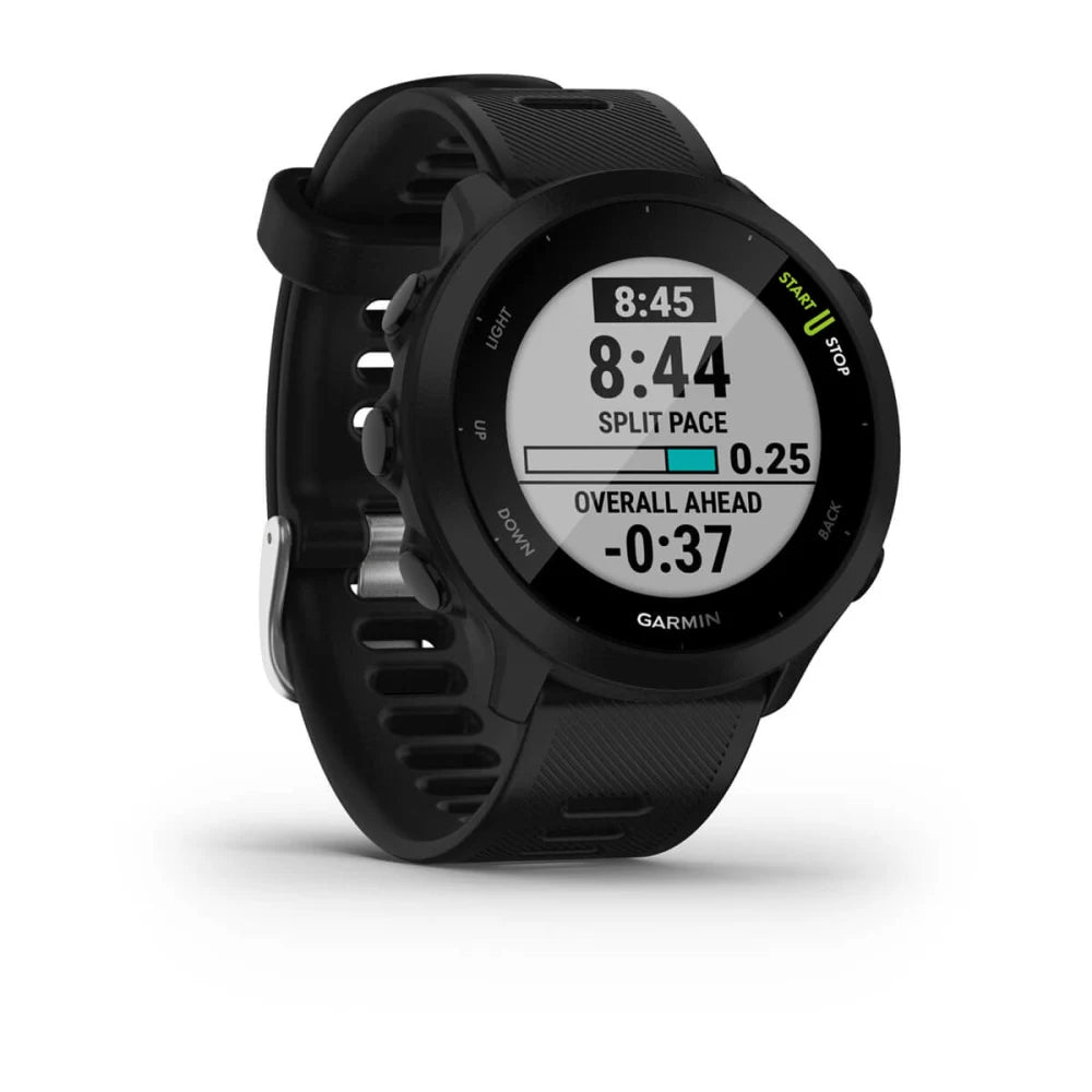 Garmin Forerunner 55 smartwatch displaying split pace and overall ahead metrics on a black strap.