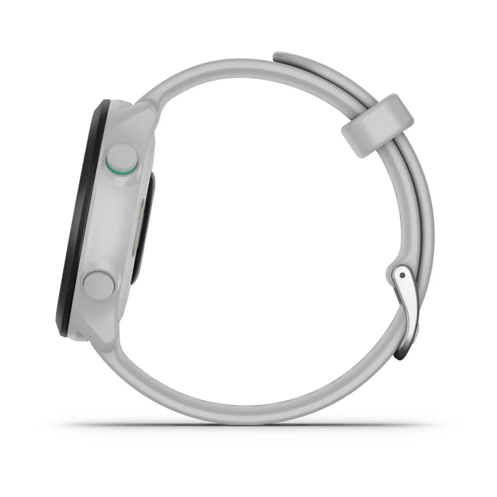 Side view of the Garmin Forerunner 55 smartwatch, featuring a white strap and buttons.
