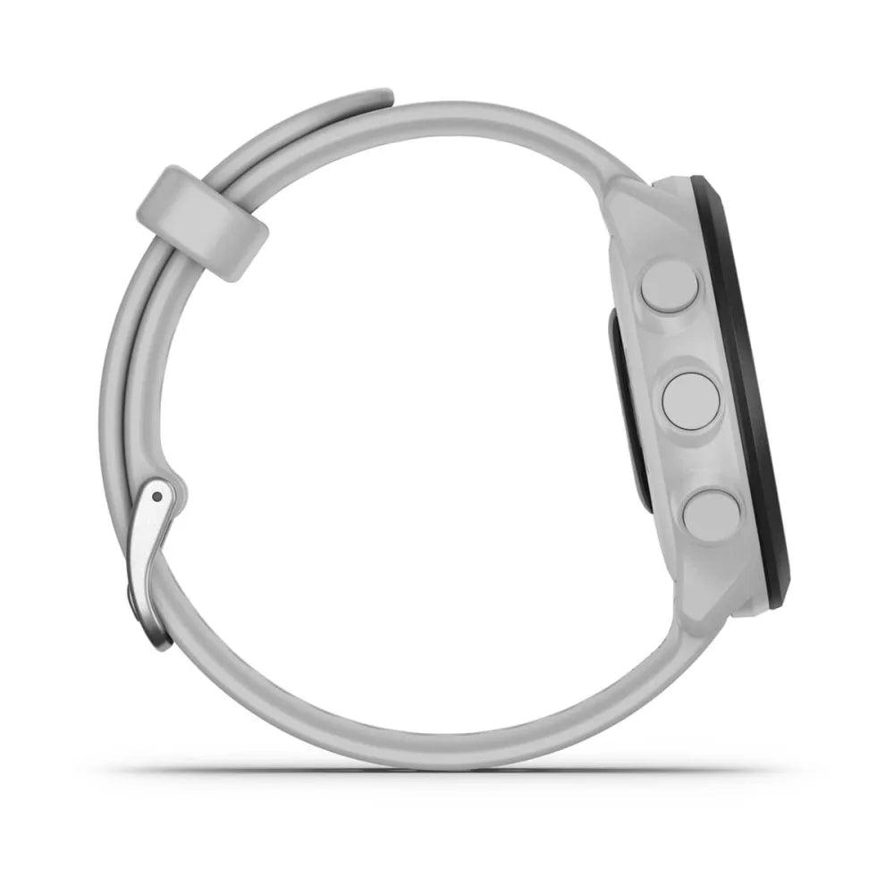 Side view of a Garmin Forerunner 55 smartwatch with a light gray strap and three buttons on the side.