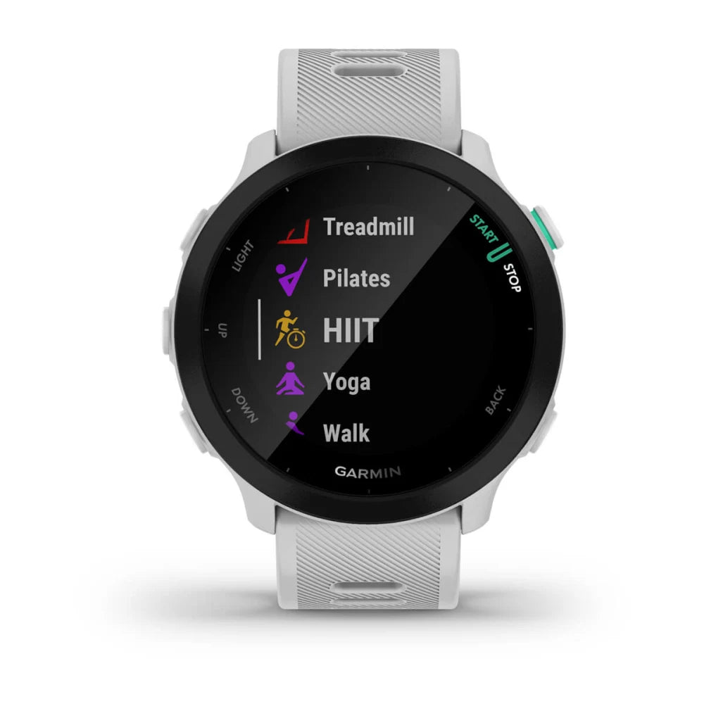 Garmin Forerunner 55 smartwatch displaying various workout options including Treadmill, Pilates, HIIT, Yoga, and Walk on its screen.